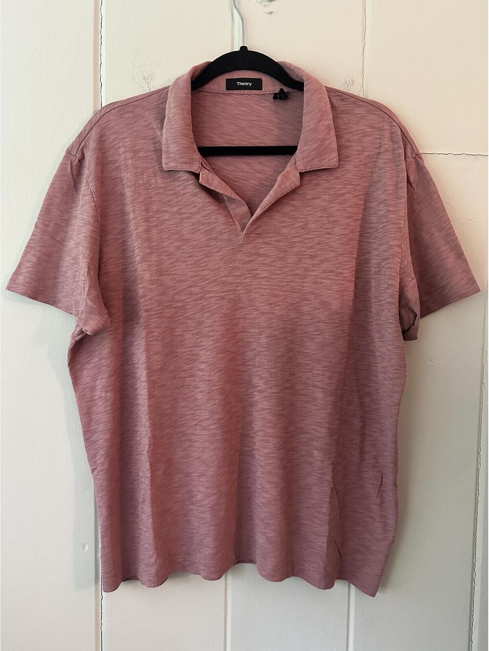 Theory Men’s Dusty Rose Slub-Knit Polo Shirt with Open V-Neck Collar Size XL